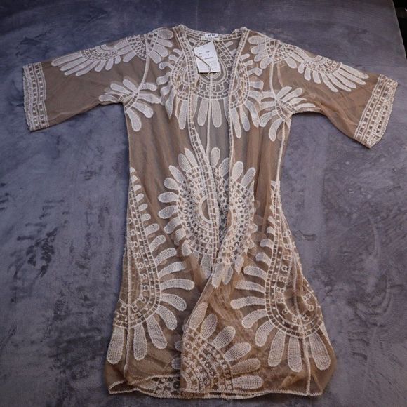 Rebellion Tops - Rebellion Duster Women Medium Beige Lightweight Casual Boho Floral Sheer Lace
